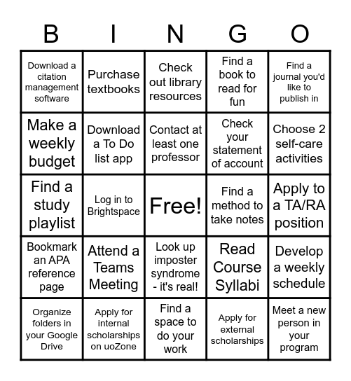 Grad Student Checklist Bingo! Bingo Card