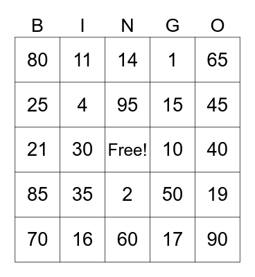 los numeros 0-100 Bingo Card