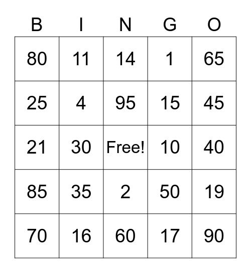 los numeros 0-100 Bingo Card