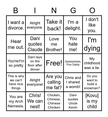 Dani Sayings Bingo Card
