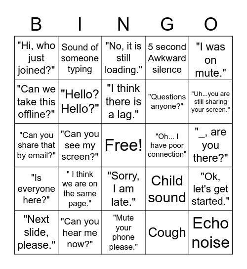 BSH Conference Call Bingo Card