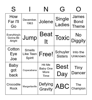MGM Song BINGO Card