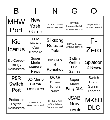 Nintendo Direct Bingo Card