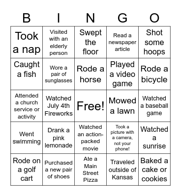 What did you do this summer? Bingo Card