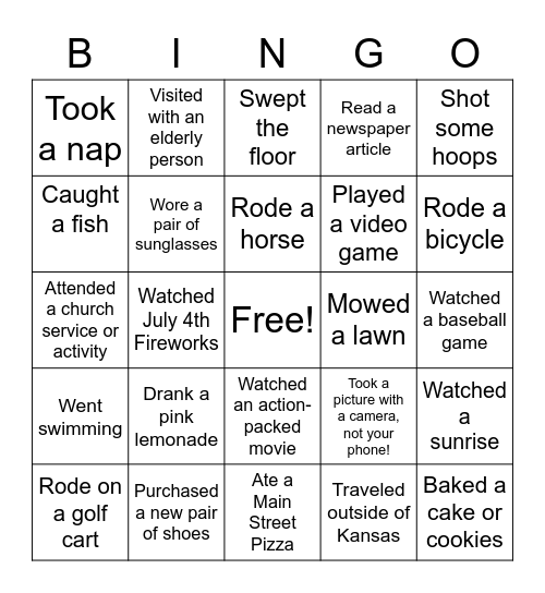 What did you do this summer? Bingo Card