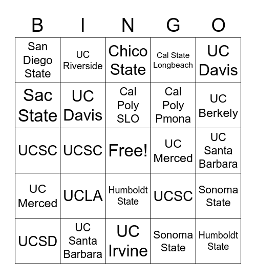 California Public College Bingo Card