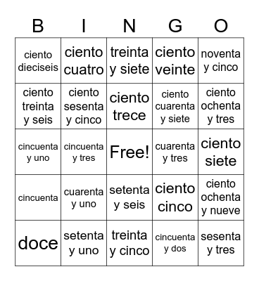 Spanish Numbers Bingo Card