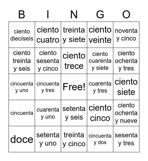 Spanish Numbers Bingo Card
