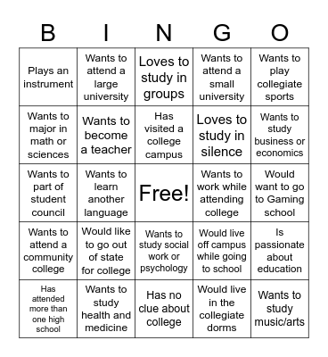 College Bound Bingo Card