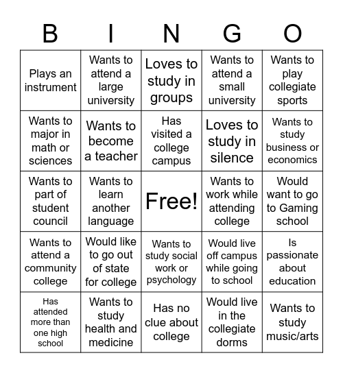 College Bound Bingo Card