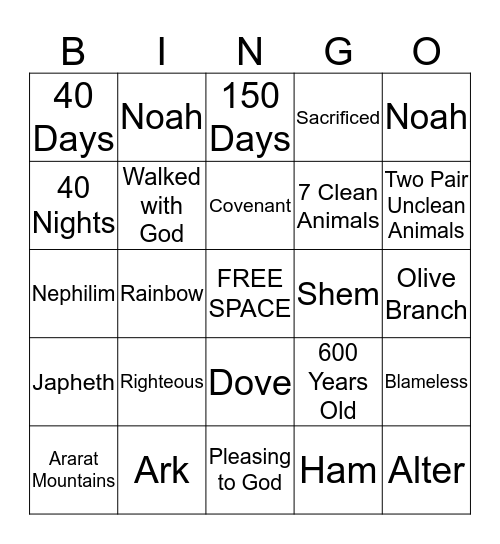 Noah & the Ark Bingo Card