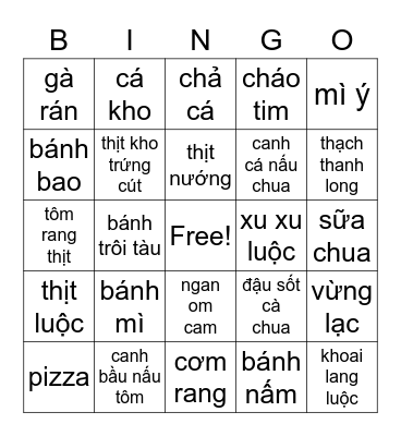 Food Bingo Card