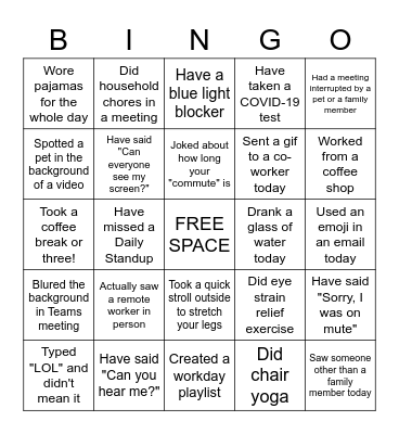 Remote Work Bingo Card