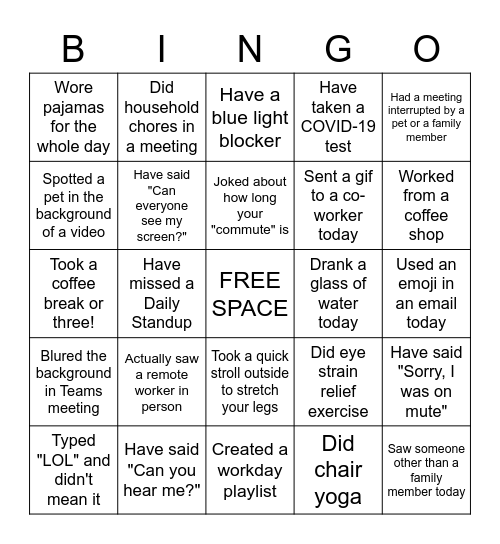 Remote Work Bingo Card