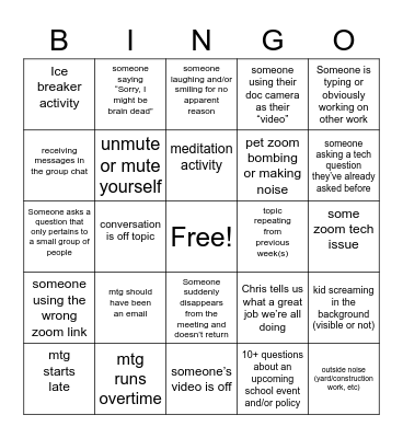 Meeting Bingo Staff 11 Bingo Card