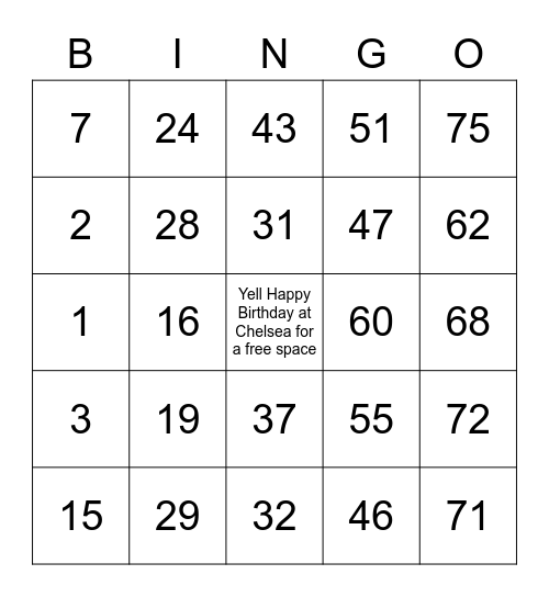 Chelsea's Birthday Bingo Card