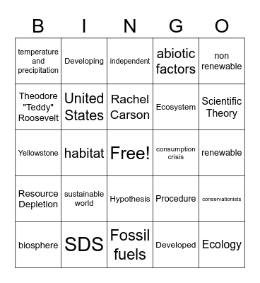 Unit 1- Intro to Environmental Systems Bingo Card