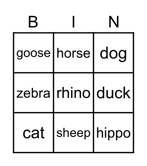 animals Bingo Card