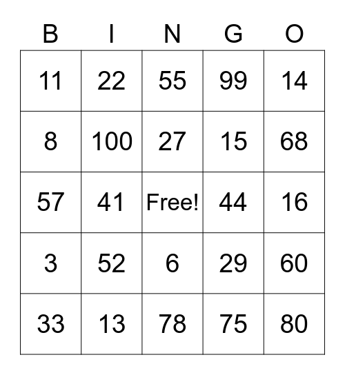 French Numbers 1-100 Bingo Card