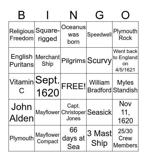 MAYFLOWER BINGO  Bingo Card