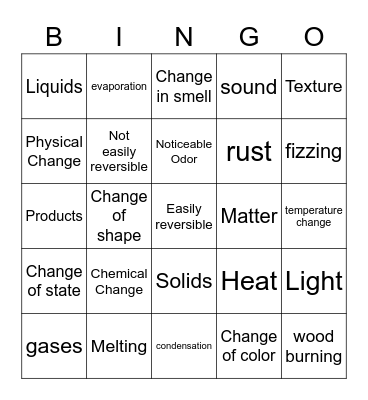 Physical and Chemical Changes Bingo Card