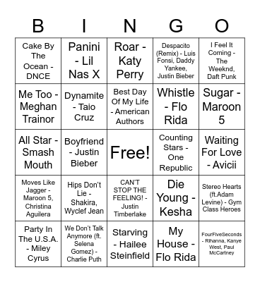 Musical Bingo WCU Bingo Card