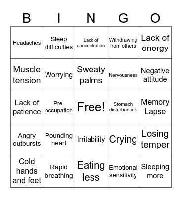 Signs of Stress Bingo Card