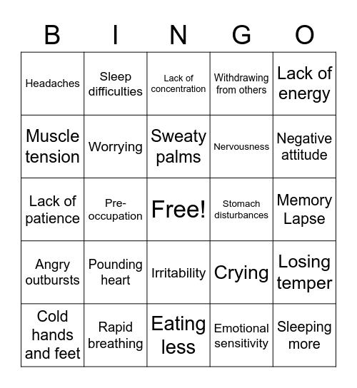 Signs of Stress Bingo Card