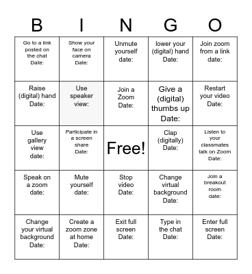 Zoom Skills Bingo Card