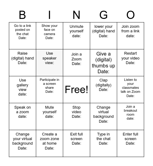 Zoom Skills Bingo Card