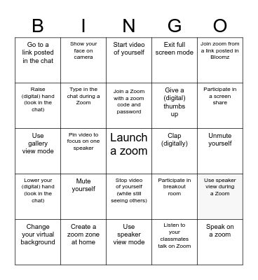 Zoom Skills Bingo Card