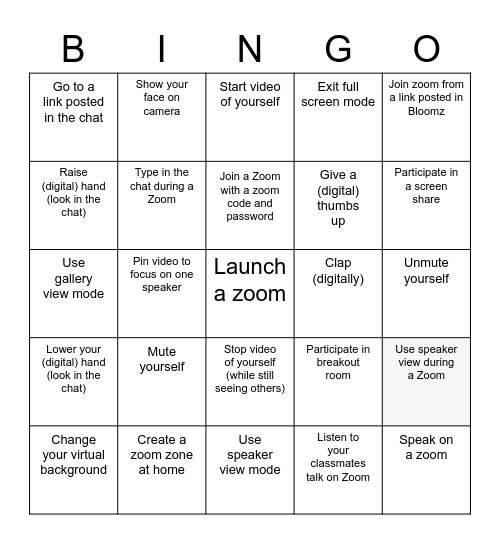 Zoom Skills Bingo Card