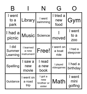 Welcome to 4th Grade! Bingo Card