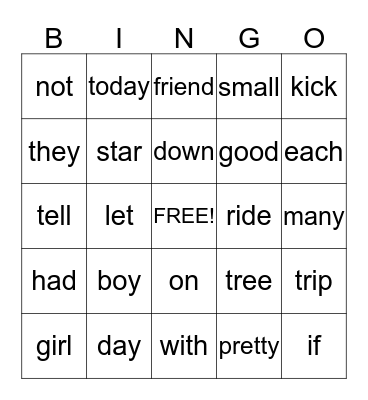 Word Wall Word Bingo Card