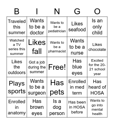 HOSA Fair Bingo Card
