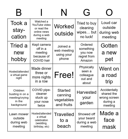 Quarantine BINGO Card