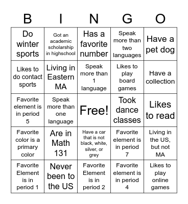 UMass Chemistry Welcome Bingo Card