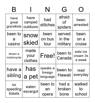 Getting to Know You Bingo Card