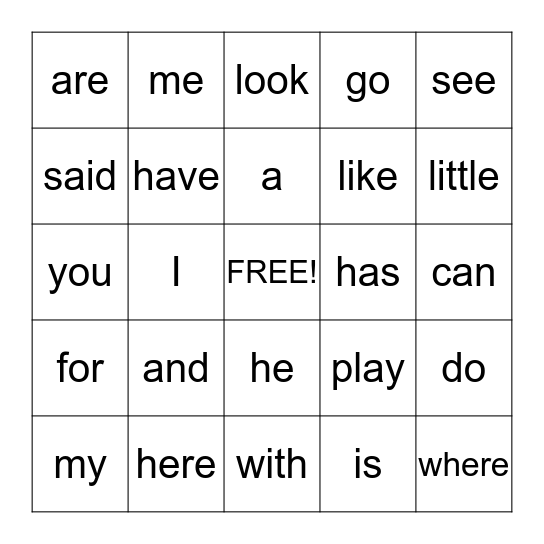 K Sight Word Bingo 1 Bingo Card