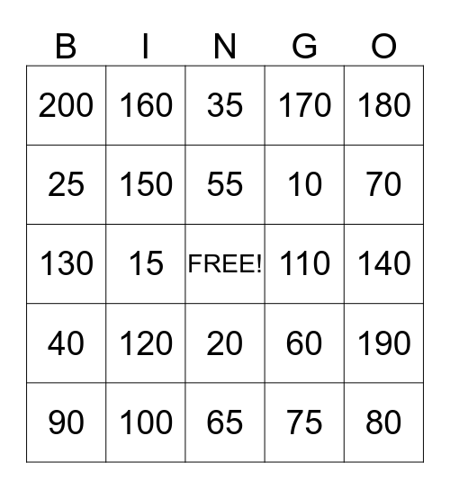 Counting to 200 Bingo Card
