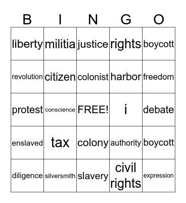 Paul Revere Bingo Card