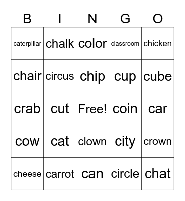 Bingo with words that start with C Bingo Card