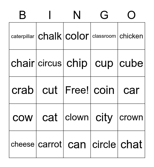 Bingo with words that start with C Bingo Card