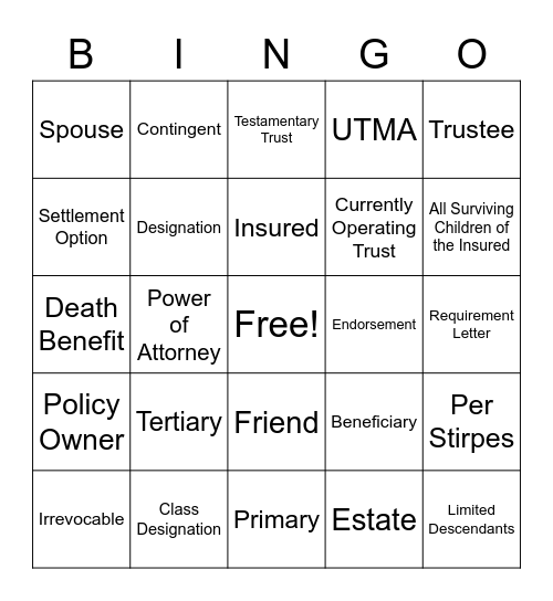 Beneficiary Bingo Card