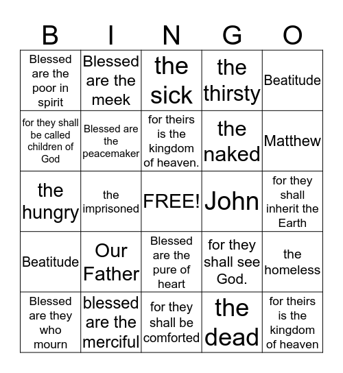 The Beatitudes  Bingo Card