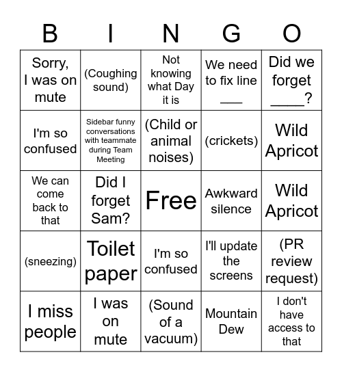 Work From Home Bingo Card