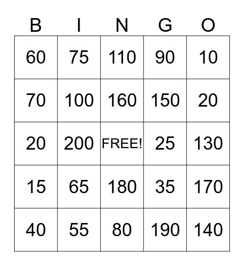Counting to 200 Bingo Card