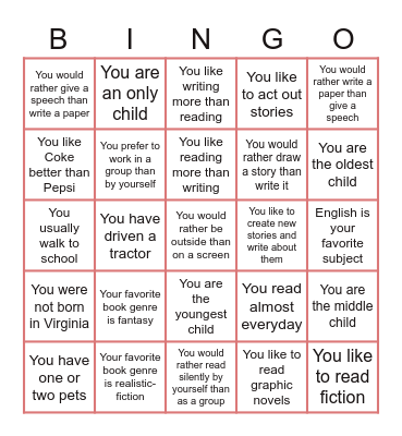 English Bingo Card