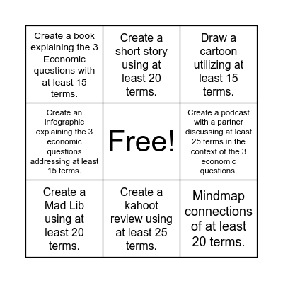 Economic Vocab Formative Choice Bingo Card