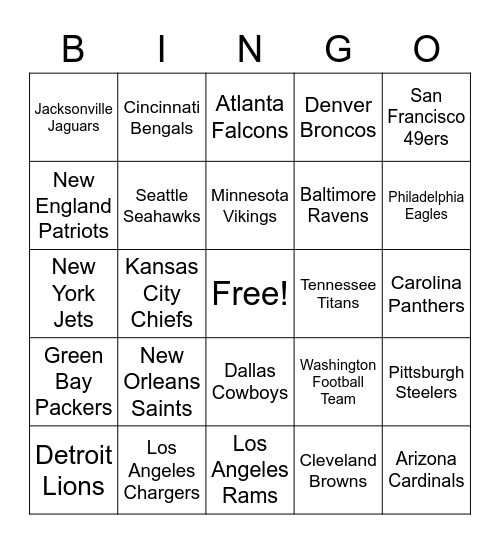 NFL BINGO Card